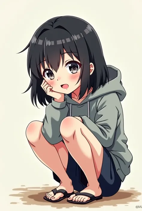 a cartoon girl sitting on the ground with her hand on her face, the anime girl is crouching, chihiro! fujisaki, beautiful anime girl squatting, anime visual of a cute girl, anime thai girl, cute anime girl, black haired girl wearing hoodie, an anime girl, ...