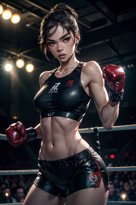 Hailee Steinfeld, A young female fighter in a fighting pit, wearing MMA gloves, tight shorts, and a tight top, (best quality,4k,8k,highres,masterpiece:1.2),ultra-detailed,(realistic,photorealistic,photo-realistic:1.37),1girl,extremely detailed eyes and fac...