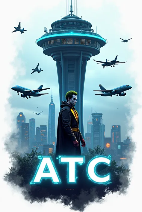 Create a futuristic and innovative logo that embodies the following information:
1. ATC letters
2. Main character Joker
3. Objects such as cockpit control tower, airplanes and helicopters
