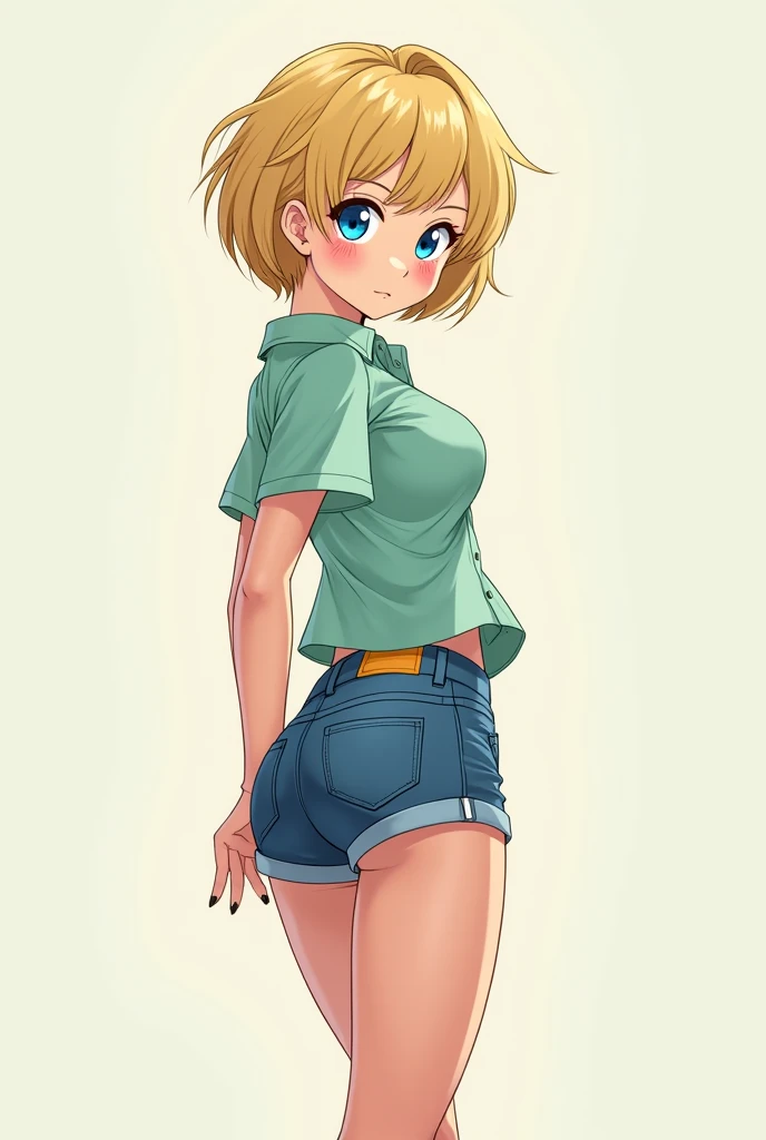 Anime woman with short fluffy blonde hair, blue eyes, wearing a mint green button up short sleeve shirt, jeans shorts, butt facing the viewer