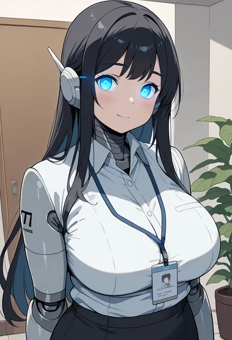 masterpiece, best quality, extremely detailed, Japanese android girl,Plump,chubby,control panels,robot arms,robot,android,cyborg,white robot body,ceramic body,perfect robot girl,long hair,robot repair plant,chubby,skirt,glowing eyes,office-lady