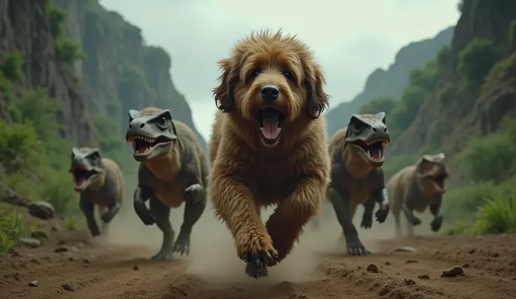 A big dark brown curly furr dog escaping velociraptors attacking him, cinematic action, ultra realistic 8k professional photo masterpiece eye-catching vivid colors 