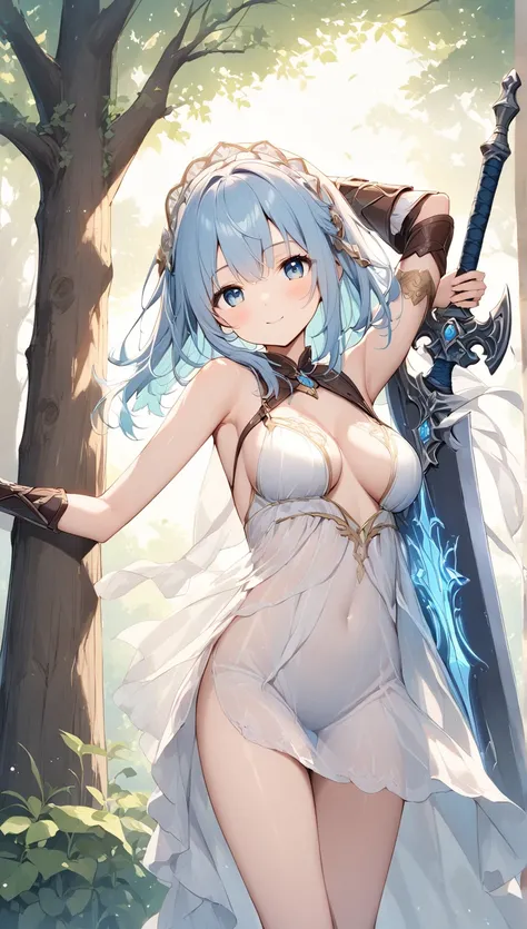   The use of pale lines and soft colors creates a dreamy effect., Fleeting Impressions.., one woman 、The Old Tree House   、  Girl with an iron sword   、 is cute 、 Fantasy  、Leather Armor、milk、 blue eyes、 boobs、((小さなmilk房が見える))、(小さなmilk首が見える)、naked