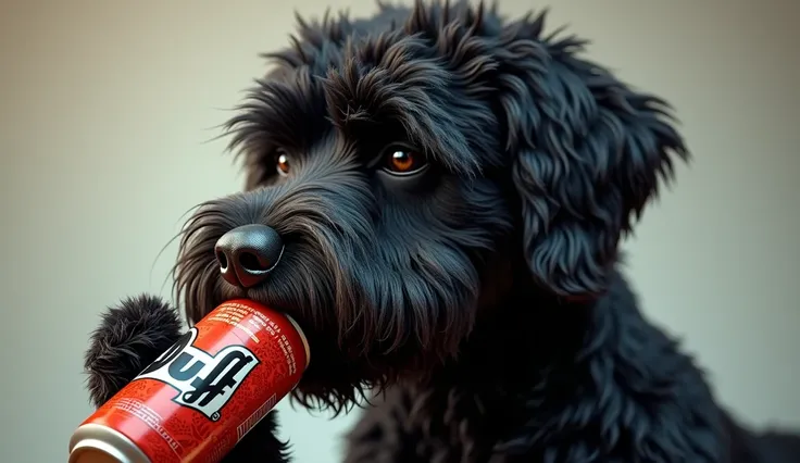 black Portuguese water dog drinking duff Beer, ultra realistic 8k professional photo masterpiece eye-catching vivid colors,