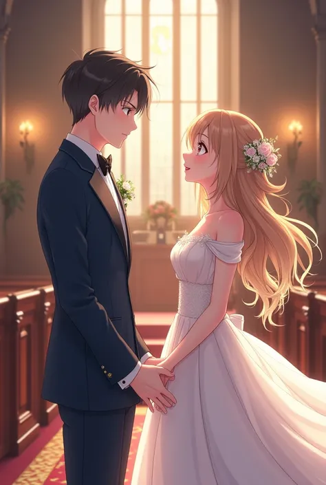 2 anime characters,1 a cool boy,1 a cute girl,in a church,both hand covering with together hands,shiny face,watches together,a bit smile,marriage time,a cool blue clothes from the boy,a beautiful white dressed from the girl, highest quality, master piece, ...