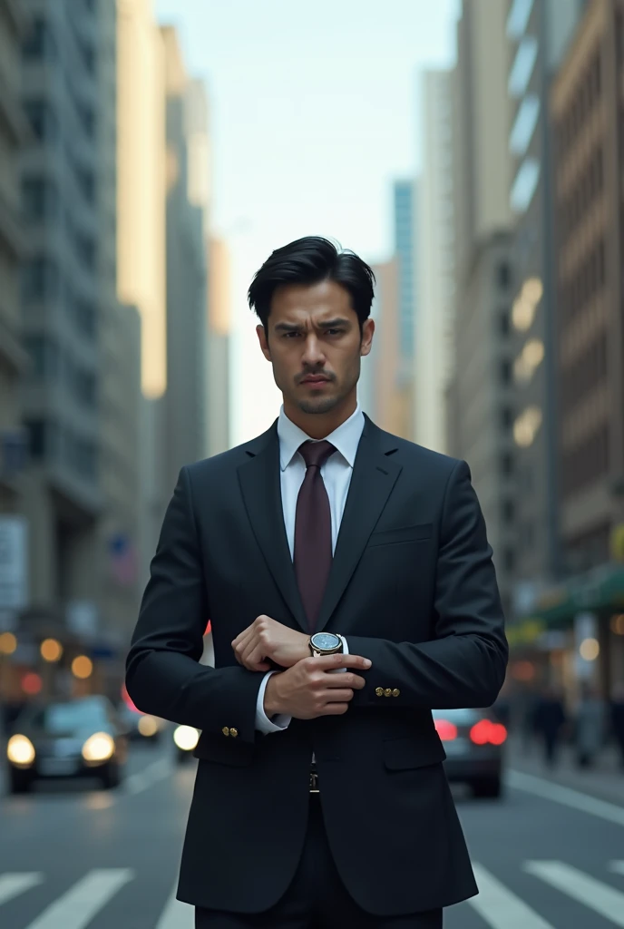 Real man in his 30s, with completely black and straight hair, In office clothes standing in the middle of the street with a frightened look at a watch just the look, No body gesture.