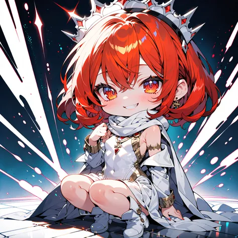 solo chibi girl, deformed, late s, pretty face, (red short hair, eyes), (white crown, scarf, white leather dress, boots), evil grin, shiny skin, small breasts, sitting, (masterpiece, ultra detailed, top quality), anime, full body, simple.