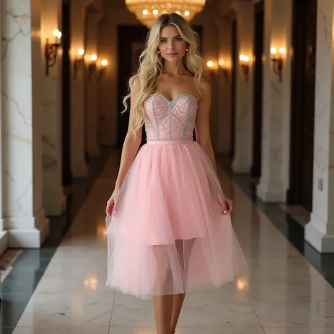 long blonde wavy hair,messy ponytail,beautiful woman 21 yo, elegant, strapless pink dress, fitted bodice with sparkling silver embellishments, medium sized-breasts,curvy,full skirt, sheer fabric, knee-length, pearl earrings, gold high heels, confident pose...