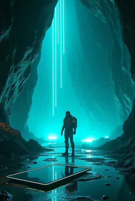 A futuristic sci-fi scene inspired by Tron, featuring a lone explorer standing in a glowing neon-lit cave with a high-tech suit. The environment is filled with smooth, sleek surfaces and vibrant blue and green lights. The cave walls are structured with int...