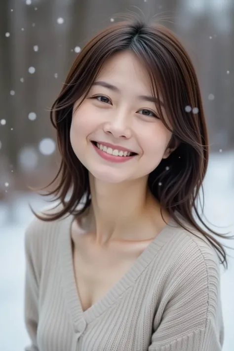  slender Japanese woman staring at camera、 cute face、smile、Snow in the background、 high resolution、  high-definition images