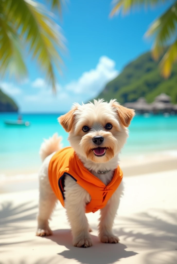 "An image in vertical format (9:16 ratio), showing a cute medium-sized dog wearing fun swimwear, such as a colorful life jacket or robe. The dog is standing or playing on a stunning tropical beach with clear sand and crystal blue water in the background. T...