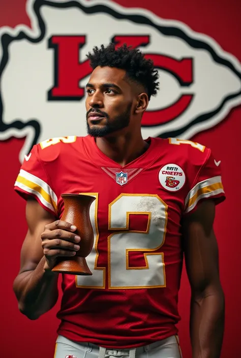 Player Patrick Mahomes with a chimarrao cuia in his hand behind the arrowhead and written on the front South Chiefs