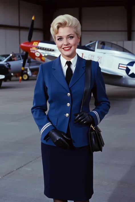 professionally color film photograph. (Jayne Mansfield lookalike). with short blonde paige cut hair. glamorous eyeshadow. black eyeliner. heavy red lipstick. Wearing blue Air Force military uniform. dark blue blazer and dark blue knee length skirt. black t...