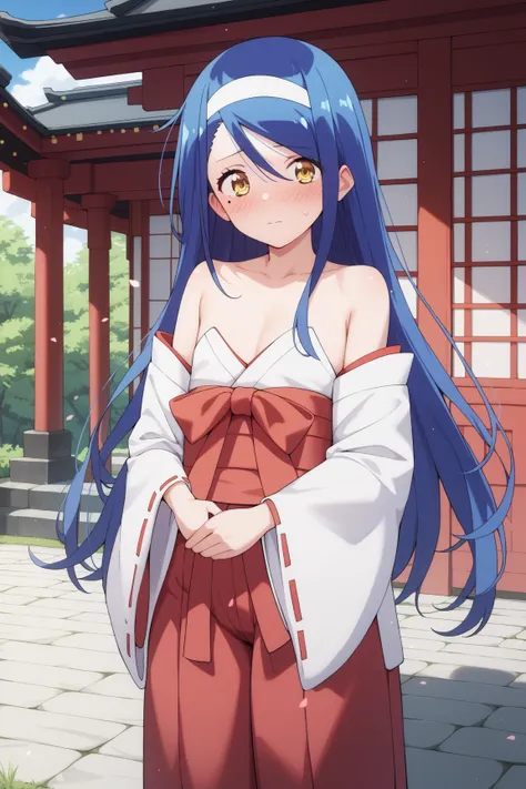 masterpiece,best quality,{{detailed beautiful face and eyes}}, very detailed background,
Fumino Furuhashi,{{{megami magazine}}},long hair,blue hair,hair between eyes,white hairband,a mole under right eye,yellow eyes,{flat chest},
(miko:1.1),{{red hakama}},...