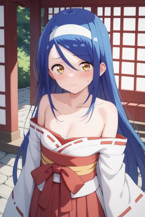 masterpiece,best quality,{{detailed beautiful face and eyes}}, very detailed background,
Fumino Furuhashi,{{{megami magazine}}},long hair,blue hair,hair between eyes,white hairband,a mole under right eye,yellow eyes,{flat chest},
(miko:1.1),{{red hakama}},...