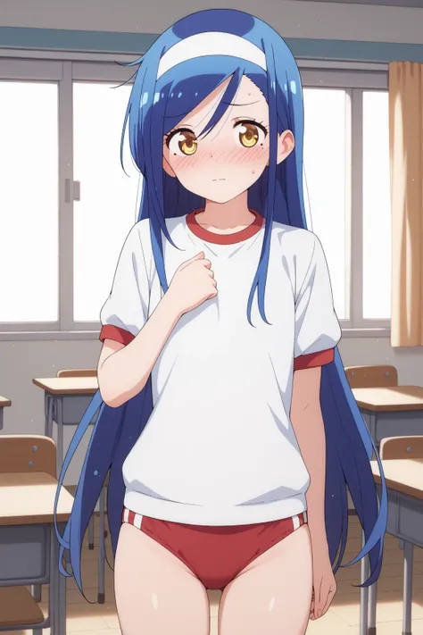 masterpiece,best quality,{{detailed beautiful face and eyes}}, very detailed background,
Fumino Furuhashi,{{{megami magazine}}},long hair,blue hair,hair between eyes,white hairband,a mole under right eye,yellow eyes,{flat chest},
gym uniform,red buruma, wh...