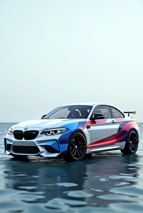 White car BMW M2 Exterior on sea or ocean background and geometric lines and aerodynamic curves in red blue and light blue of the BMW logo that are intertwined in the car.