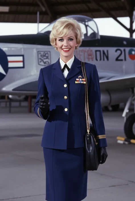 professionally color film photograph. (Jayne Mansfield lookalike). with short blonde paige cut hair. glamorous eyeshadow. black eyeliner. heavy red lipstick. Wearing blue Air Force military uniform. dark blue blazer and dark blue knee length skirt. black t...