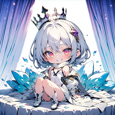 solo chibi girl, deformed, late teens, pretty face, (red short hair, eyes), (white crown, scarf, white leather dress, boots), evil grin, shiny skin, small breasts, sitting, (masterpiece, ultra detailed, top quality), anime, full body, simple.