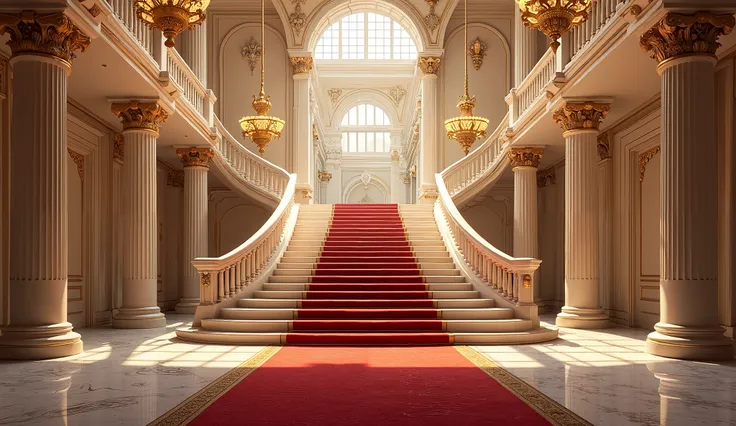 arched staircase in a palace with a chandelier and a chandelier, wide grand staircase, inside a palace, Interior of the Royal Palace red carpet colors ivory with gold more vivid living room
