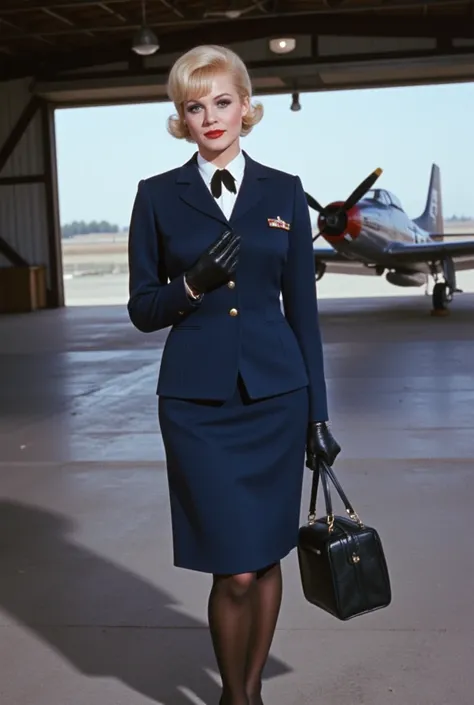 professionally color film photograph. (Jayne Mansfield lookalike). with short blonde paige cut hair. glamorous eyeshadow. black eyeliner. heavy red lipstick. Wearing blue Air Force military uniform. dark blue blazer and dark blue knee length skirt. black t...