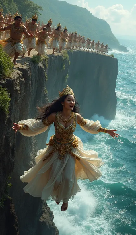  A royal princess of Majapahit plunged from the top of a cliff at the edge of the sea , dozens of princes ran after him . Majahit royal dress style with all its accessories.