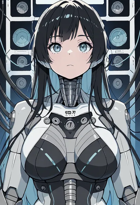 masterpiece, best quality, extremely detailed,portrait,upper body,front view,Japaese android girl,Plump, control panels,android,Droid,Mechanical Hand, Robot arms and legs,long hair,long tube,thick cable connected her neck,