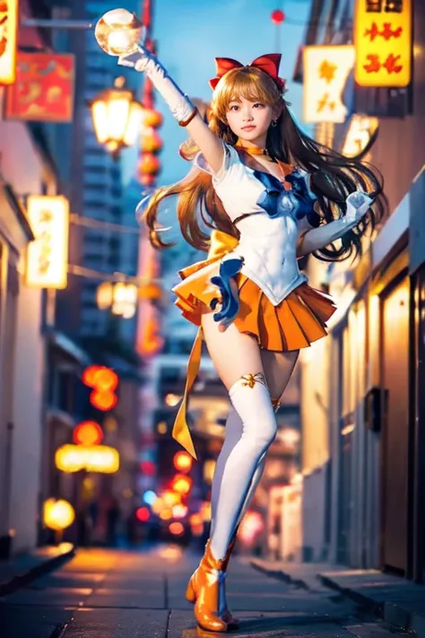 Masterpiece,  best quality,  high resolution, Venus 1,  1 girl, Alone, fighting superheroines、Transformed poses、  sailor warrior uniform ,  sailor venus,  half up、 long hair、 hair bow、 Magical girl,black eyes,  Orange Skirt , Elbow-length gloves,  tiara , ...