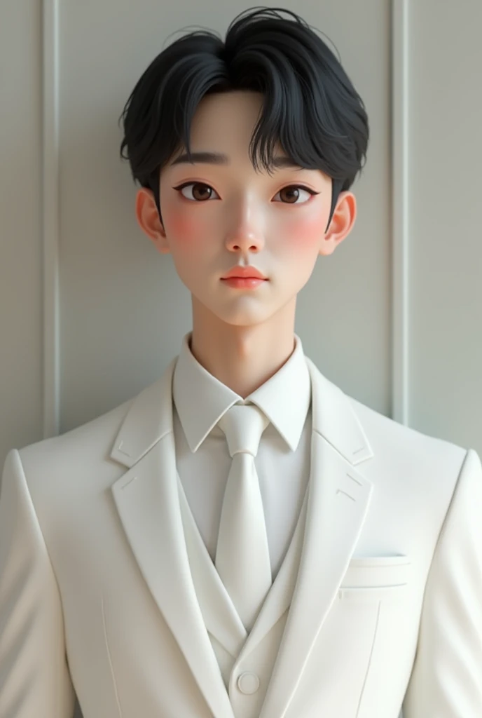 Half-body virtual portrait of a 29-year-old young Japanese man, small, black hair, white skin, sweet face, pink mouth, wearing a white suit, in a wedding ceremony