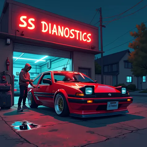 
create a illustration of a Toyota Trueno AE86(hachi roku) in red that is stanced, The scene is the car halfway pulled out of the workshop at night, with a neon light saying SS DIAGNOSTICS . The owner is in a hoodie wiping the car down wearing a pair of Ni...