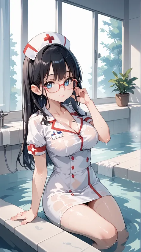 Black hair, glasses, nurse uniform, sweaty, soaking wet, under a bridge