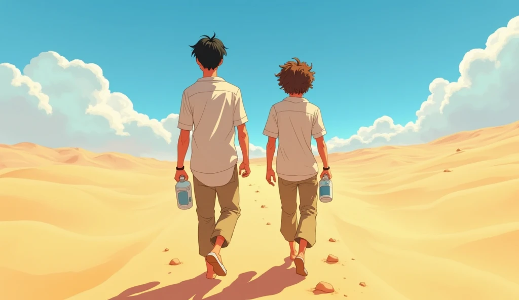 Two animated male characters walking in a vast desert under the blazing sun. Both are young adults with medium build, wearing light-colored desert outfits (loose white shirts and beige trousers) and carrying water bottles. The taller one has short black ha...