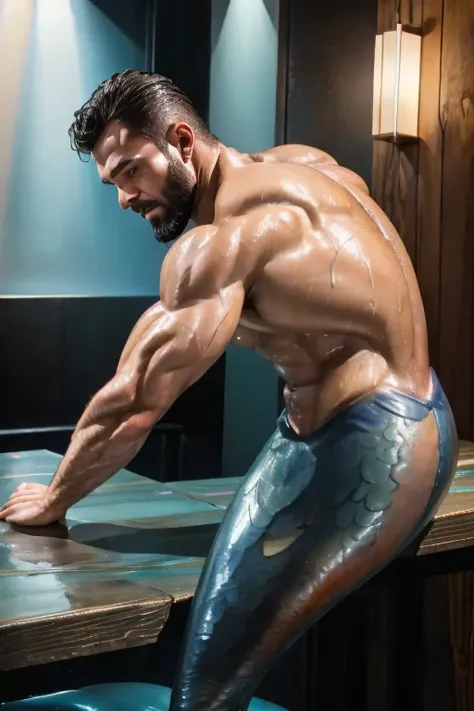 Muscular male merman dancing on wood table. Merman is wet and oiled ,  cracked and greasy. It is very much oiled and wet. black hair, black beard.