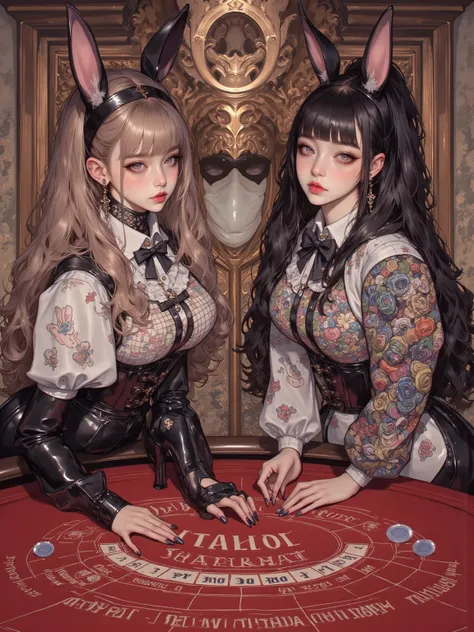  There are 2 bunny girls in front of the baccarat table ,Long hair and short hair with random colors ,  shoulder bodysuit （ Corset-like to support the figure with bones and wires), Bunny ears headband, round tail decoration ,  collar with bow tie ,  fishne...