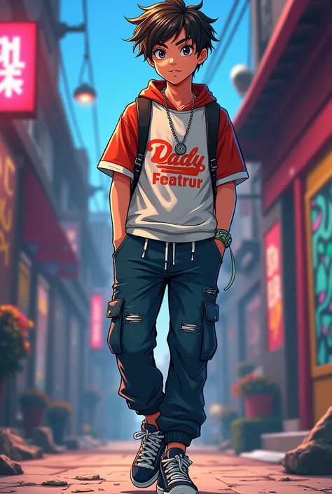 Anime boy character ,  short haired teen boy with hiphop outfit without tattoo