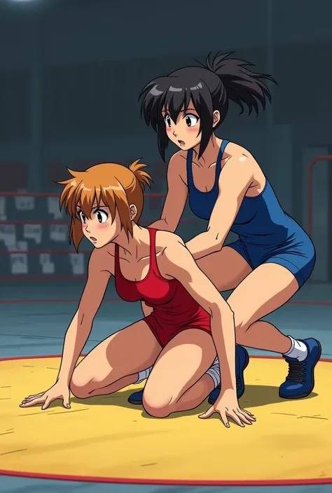 ultra detail, anime style. Match from the nineties. a female in a red freestyle wrestling singlet is on all fours in the center of the mat, and a female in a blue freestyle wrestling singlet is holding it from behind