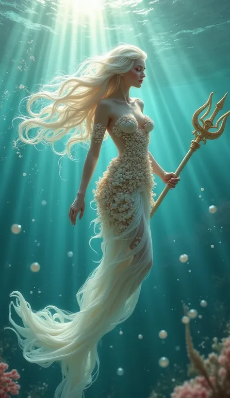 Coral Crown Sea Maiden, Woman Aesthetic Fantasy A serene figure drifts beneath softly filtered rays, her alabaster hair fanning out in gentle waves. Fragments of barnacles and shells create a sculpted bodice around her torso, reflecting oceanic fantasy rac...