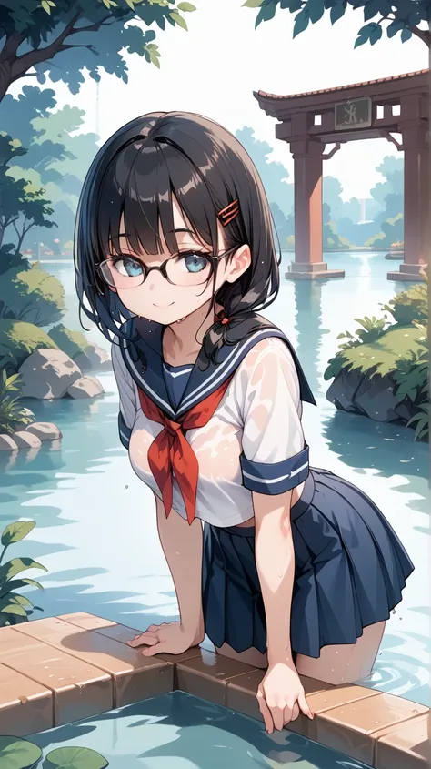 Black hair, glasses, sailor uniform, sweaty, soaking wet, under a bridge