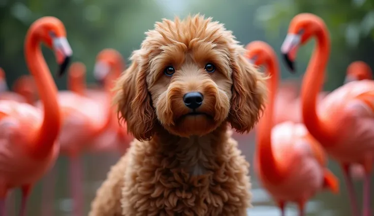 ultra dark brown cockapoo golden doodle, curly furr, surrounded by Pink Flamingos , ultra realistic 8k professional photo masterpiece eye-catching vivid colors masterpiece 