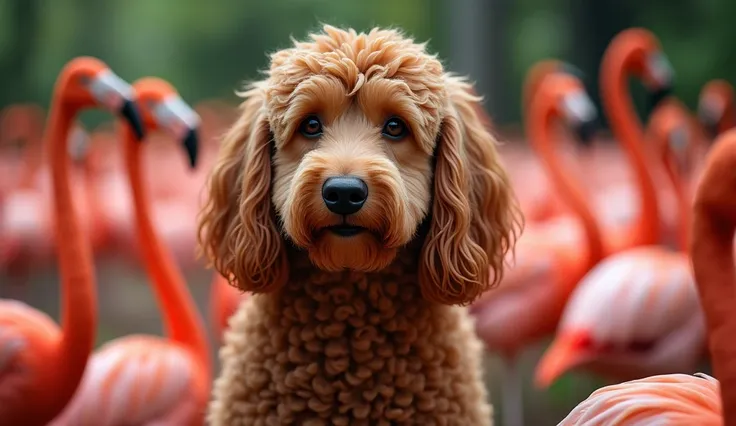 ultra dark brown cockapoo golden doodle, curly furr, surrounded by Pink Flamingos , ultra realistic 8k professional photo masterpiece eye-catching vivid colors masterpiece 