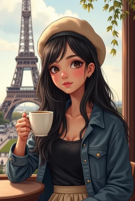  Create an image of 
 a 15-year-old girl who is drinking coffee in a cafeteria near the Eiffel Tower ,  the girl has long black hair , that falls flat on her shoulders .  
 She has a light brown complexion and her eyes are dark brown and have an almond sha...