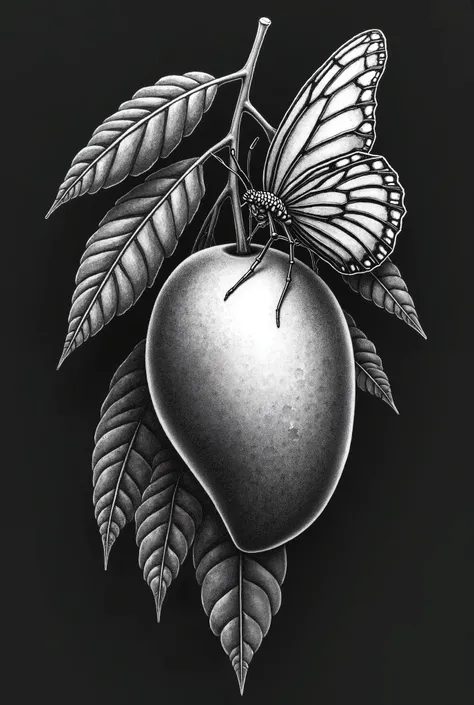 tattoo of a mango, more realistic spider and butterfly in black and white 