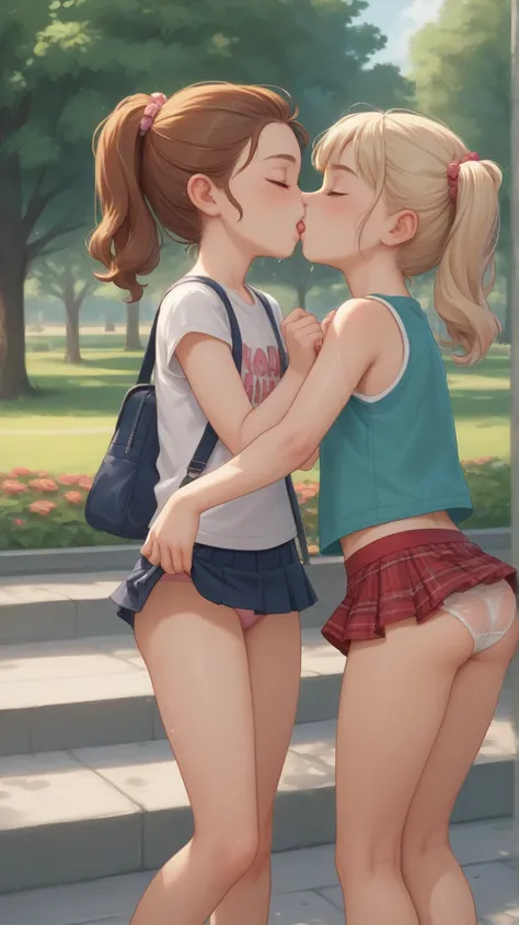 little loli,  short skirt ,by, negro, Park,friends, playing,laughter,  showing off her panties a little,  touching your crotch, kiss,  wet underwear , Stuffing in a finger, Pinching your parts 