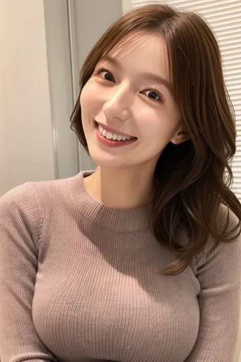  mature girlfriend  、  clear  、virgin、28 years old、Close-up of breasts、 long wavy hair brown hair  、 has a smiling face、Shapely breasts、 BRIGHT 、  Japanese  、A fitted knit sweater、Enhances the shape of the breasts、 realistic feel