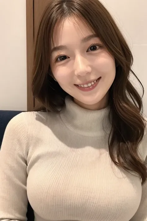  mature girlfriend  、  clear  、virgin、28 years old、Close-up of breasts、 long wavy hair brown hair  、 has a smiling face、Shapely breasts、 BRIGHT 、  Japanese  、A fitted knit sweater、Enhances the shape of the breasts、 realistic feel