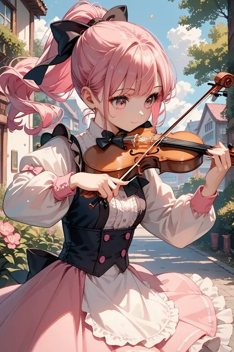 score_9, score_8_up, score_7_up,source_anime,anatomically correct, 1 cute girl, pink hair, ponytail, black ribbon, medium バスト,pink eyes, performance,violin