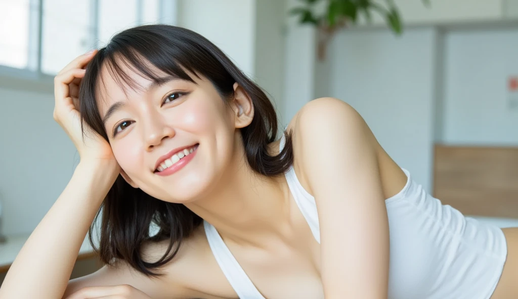 （ best quality， high resolution，masterpiece：1.3）， beautiful girl ， lying on table ，  turn your back to the camera ，Lift your ass，whole body， thick brown hair，Loose waves，big ， touch the white shirt with a v-neck ， beautifully depicting the texture of the f...