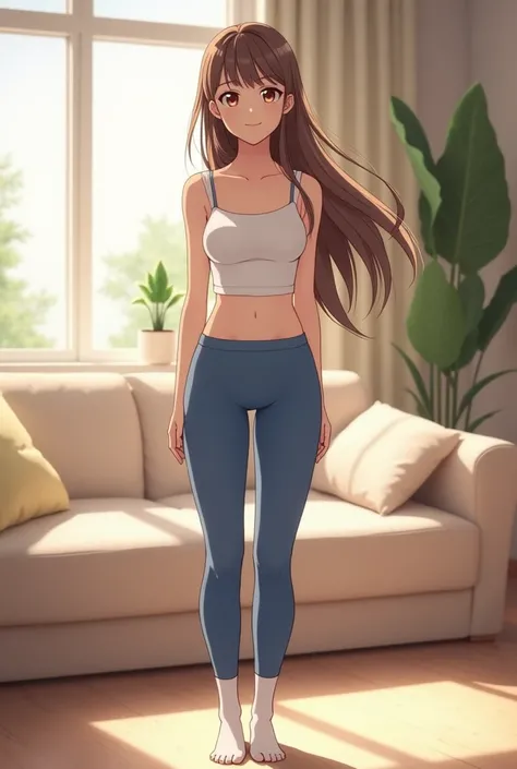 Young anime woman standing in a living room, with long brunette hair and brown eyes, wearing blue yoga pants and white tank top with thin straps, wearing white socks, looking with smile