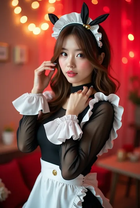 ＡJapanese woman with a very beautiful beauty like an actress
A stylish woman is posing indoors in a playful and themed setting. She is dressed in a modern maid-inspired outfit with a blend of elegance and allure. The outfit features a black sheer top with ...