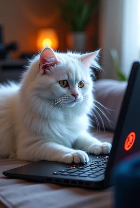 white cat playing roblox on gaming laptop